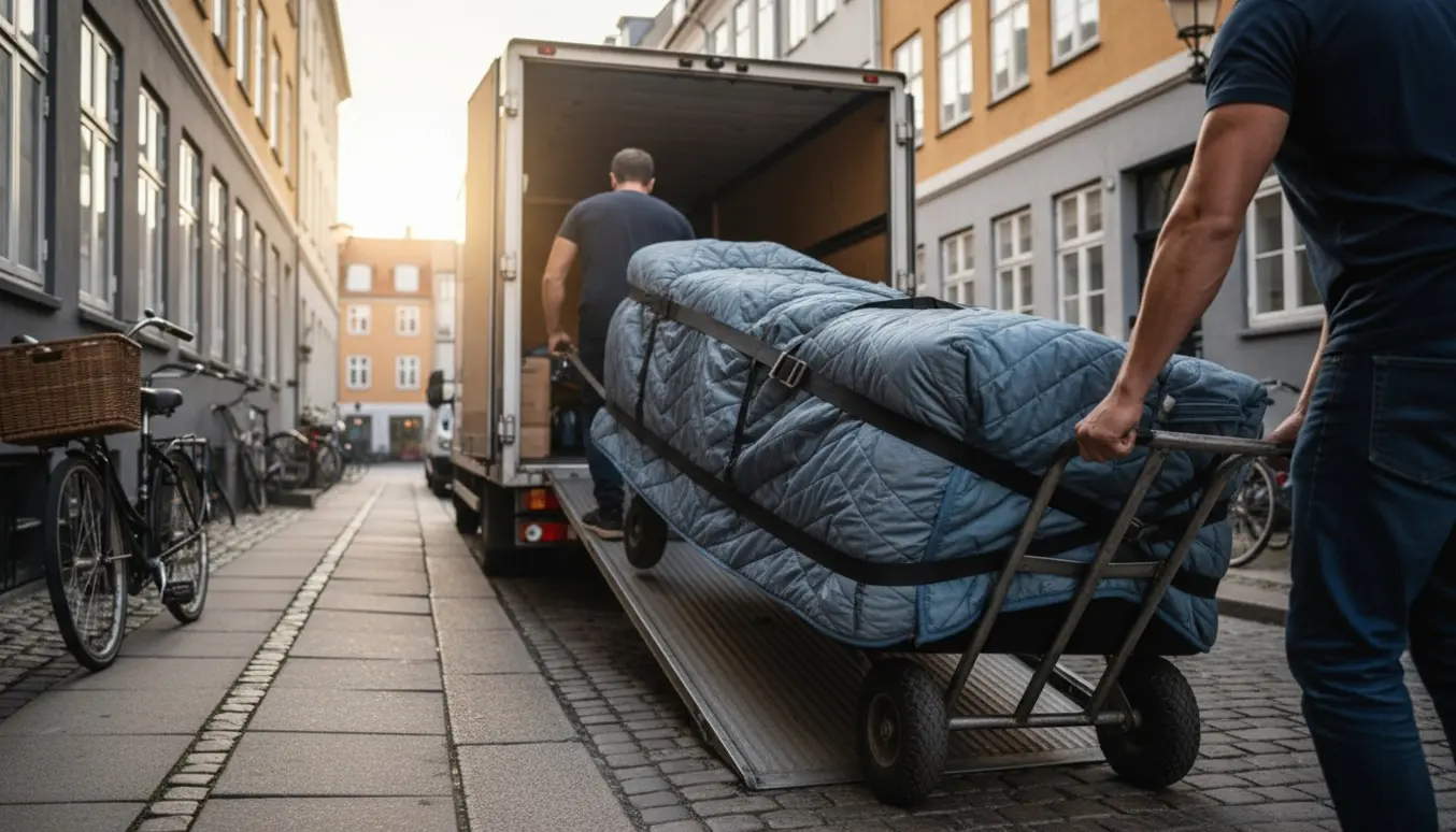 Flyttefolk bærer en indpakket ca. to meter sofa mod en flyttebil på en københavnsk brostensgade.
