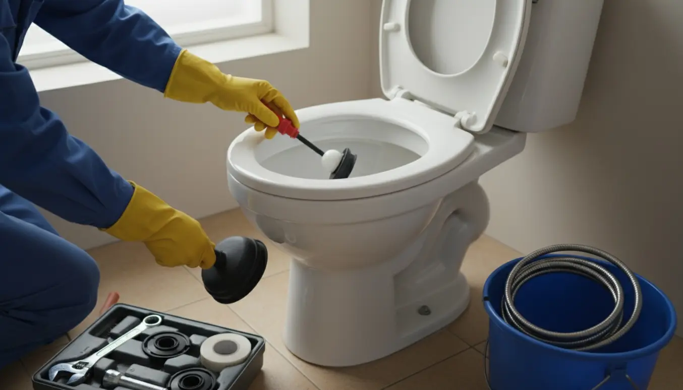 Hænder fra en VVS-mand arbejder på et toilet med åben cistern og værktøj ved siden af.