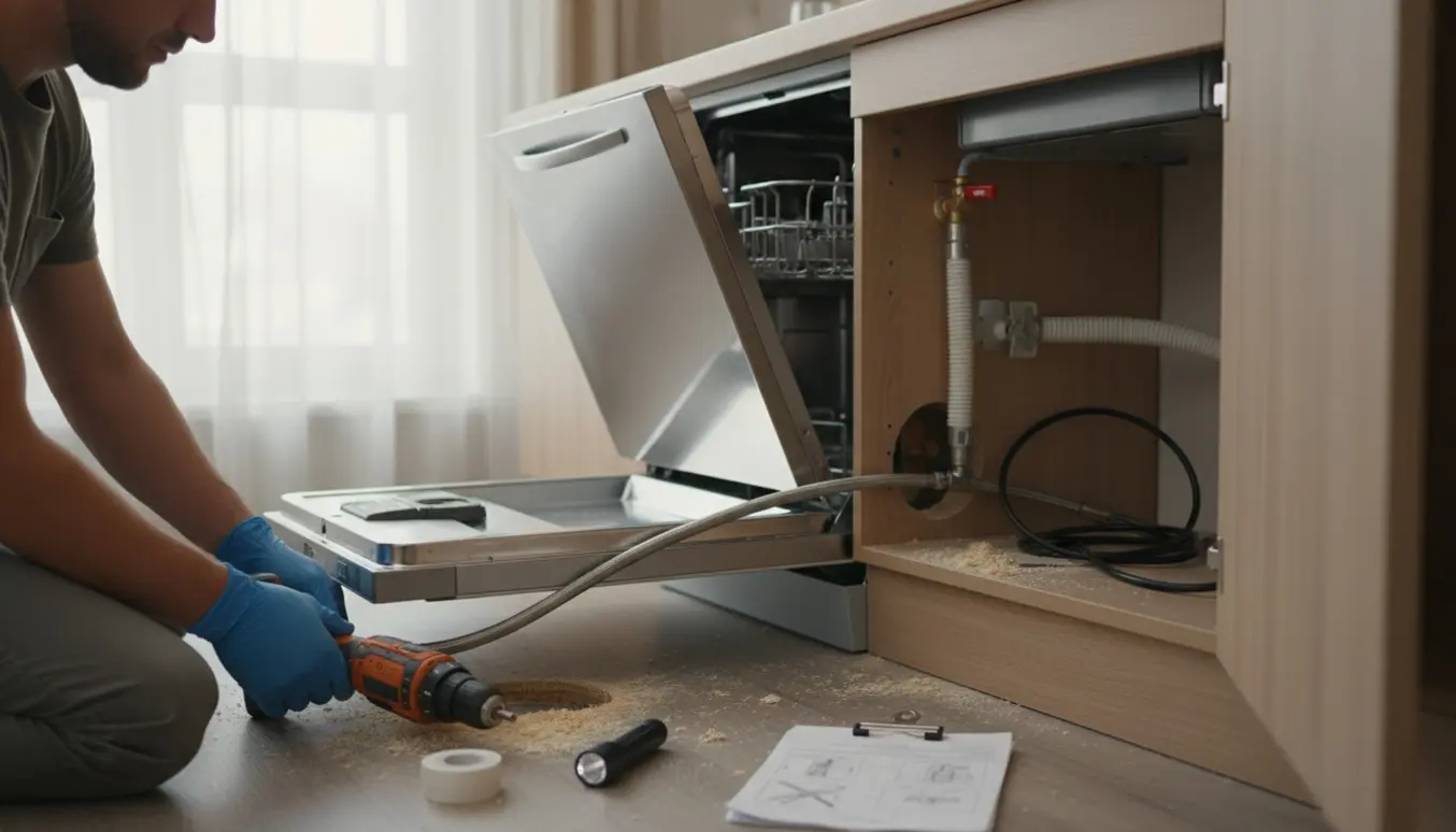 Installatør forbinder opvaskemaskinens vandforsyning gennem et netop udboret hul i køkkenskabet.
