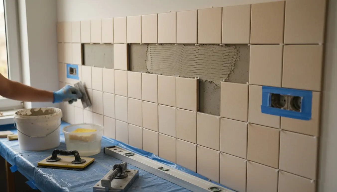 Delvist færdigmonterede keramiske kvadratiske fliser over en bordplade med to stikkontakter synlige.
