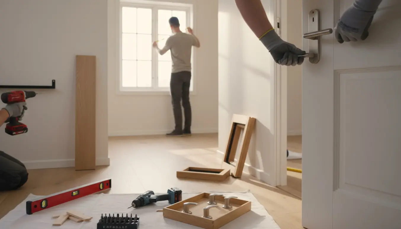 Nærbillede af hænder, der monterer et dørhåndtag med værktøj, hylder og dørtrin i et lyst hjem.
