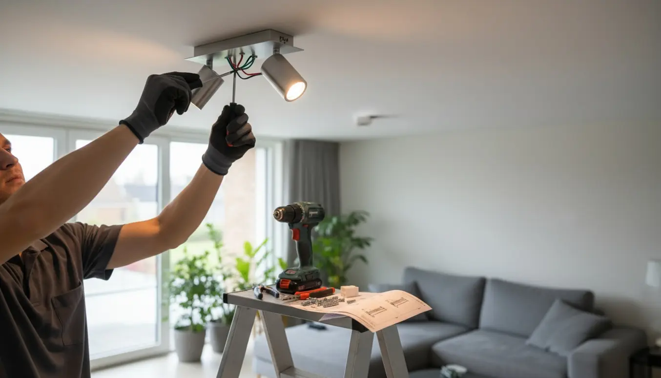 To spotlamper monteres i et loft, med handsker på hænderne, værktøj og en stige i forgrunden.