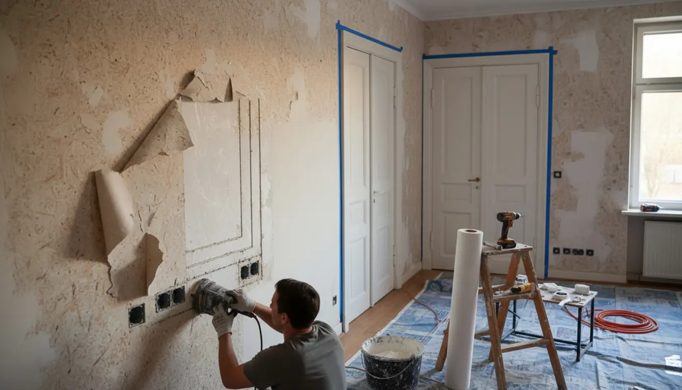 Håndværkere fjerner savsmuldstapet, fræser el ind og spartler væggene i en lille stue med dobbeltdøre.