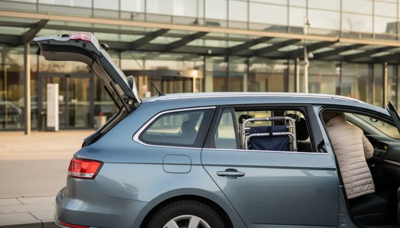 En stationcar parkeret ved en moderne hospitalsindgang med en sammenklappet rollator i bagagerummet, mens en ældre person bliver hjulpet ind i bilen.