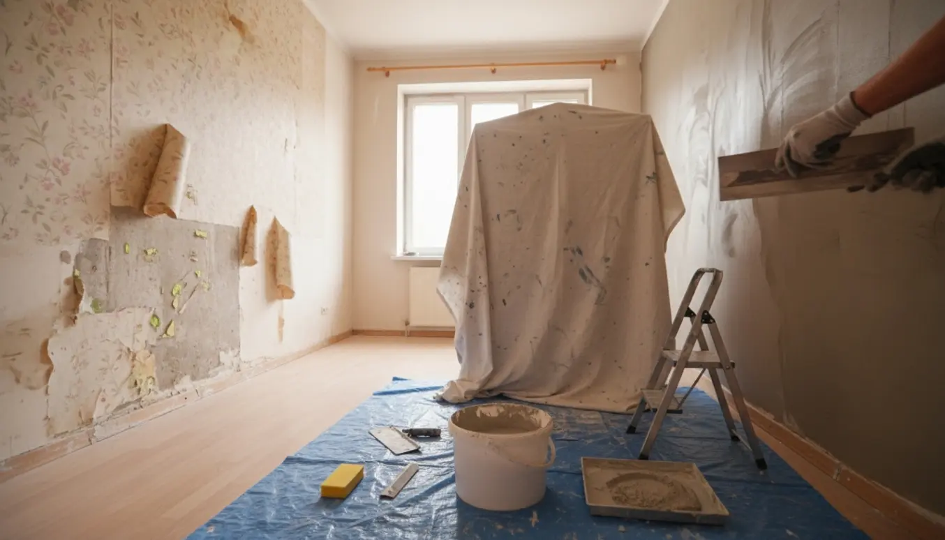 Værelse på ca. 13 kvm under renovering med tapetrester på væggene, håndværkerhænder pudser en væg, og et stort skab står dækket midt i rummet.