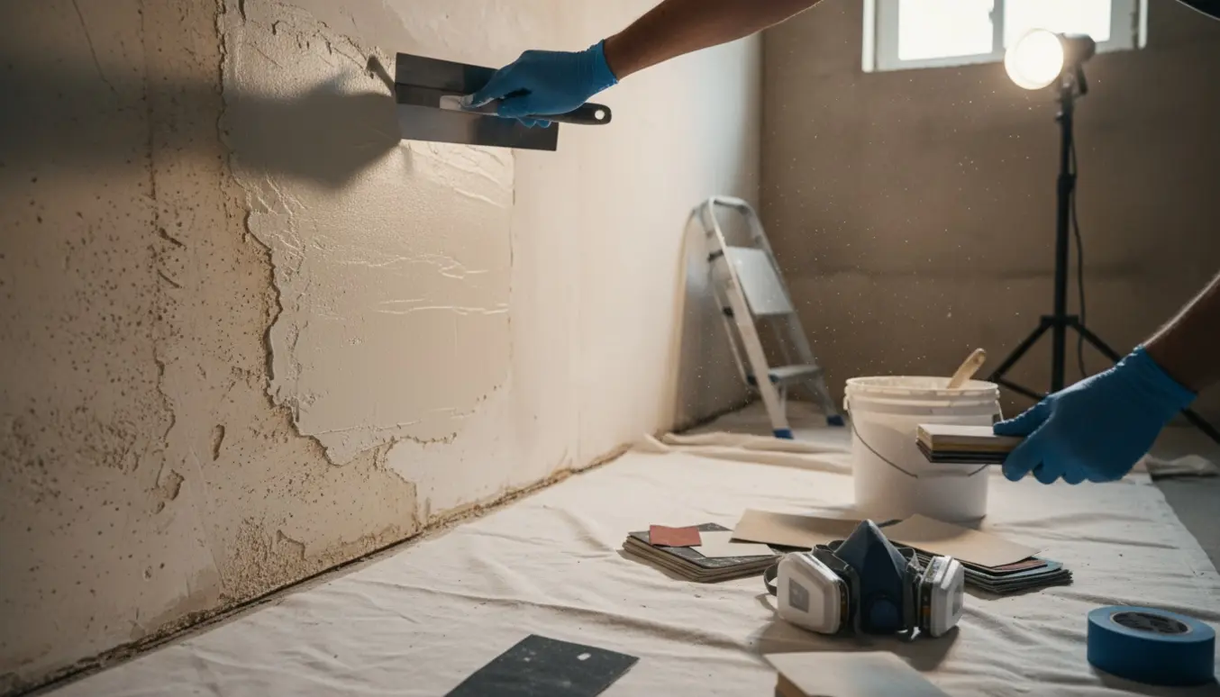 Hænder pudser og sliber kældervæg med finspartel og slibeblok, klar til maling.