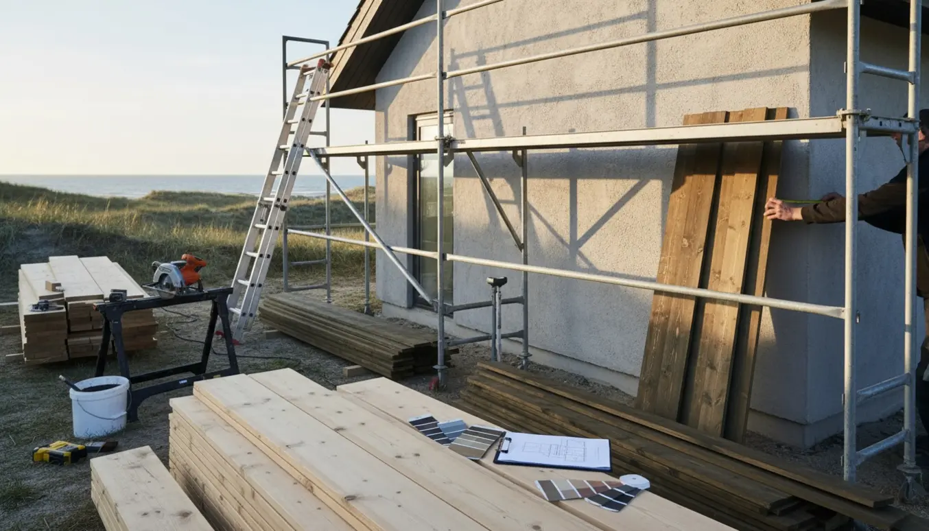 Sommerhus i Odsherred forberedes til træbeklædning med træplanker, stillads og prøver.