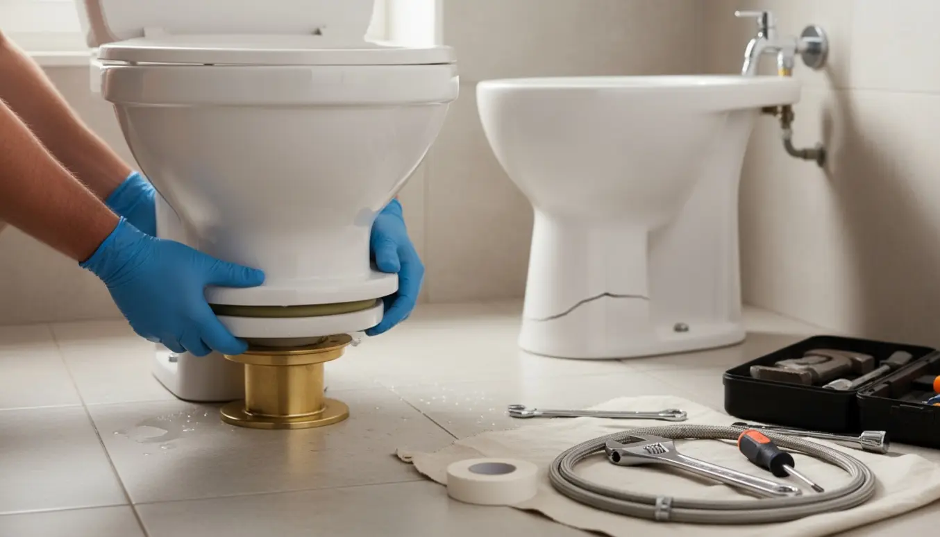 Et nyt toilet sættes på plads af handskerklædte hænder, mens det gamle med en sprukken fod står ved siden af.