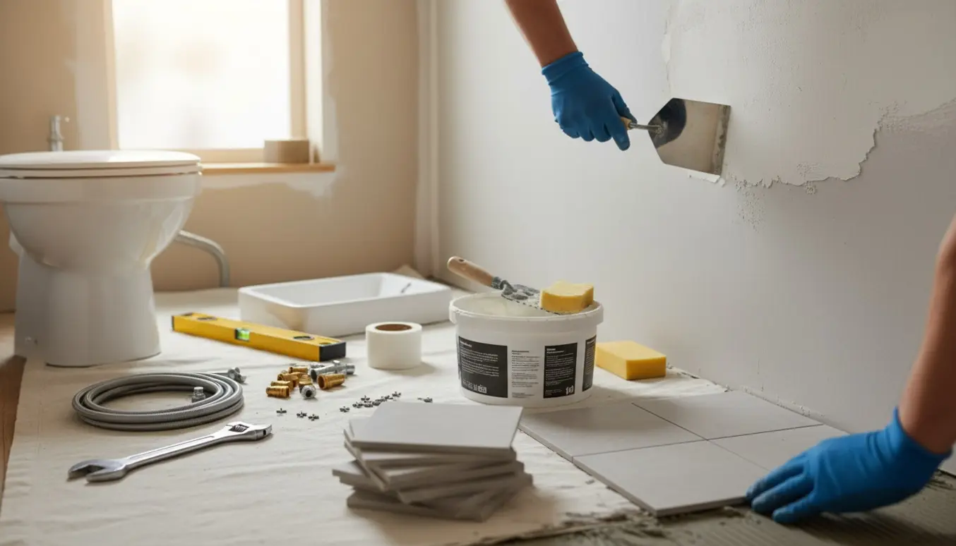 Lille toilet under renovering med spartelarbejde, fliser og værktøj klar til montering.