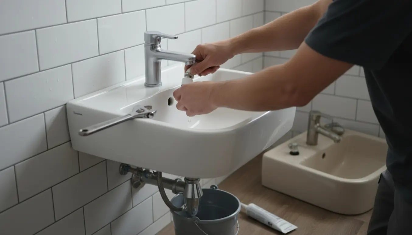 Hænder installerer en ny hvid vask og kromarmatur i et lyst badeværelse.