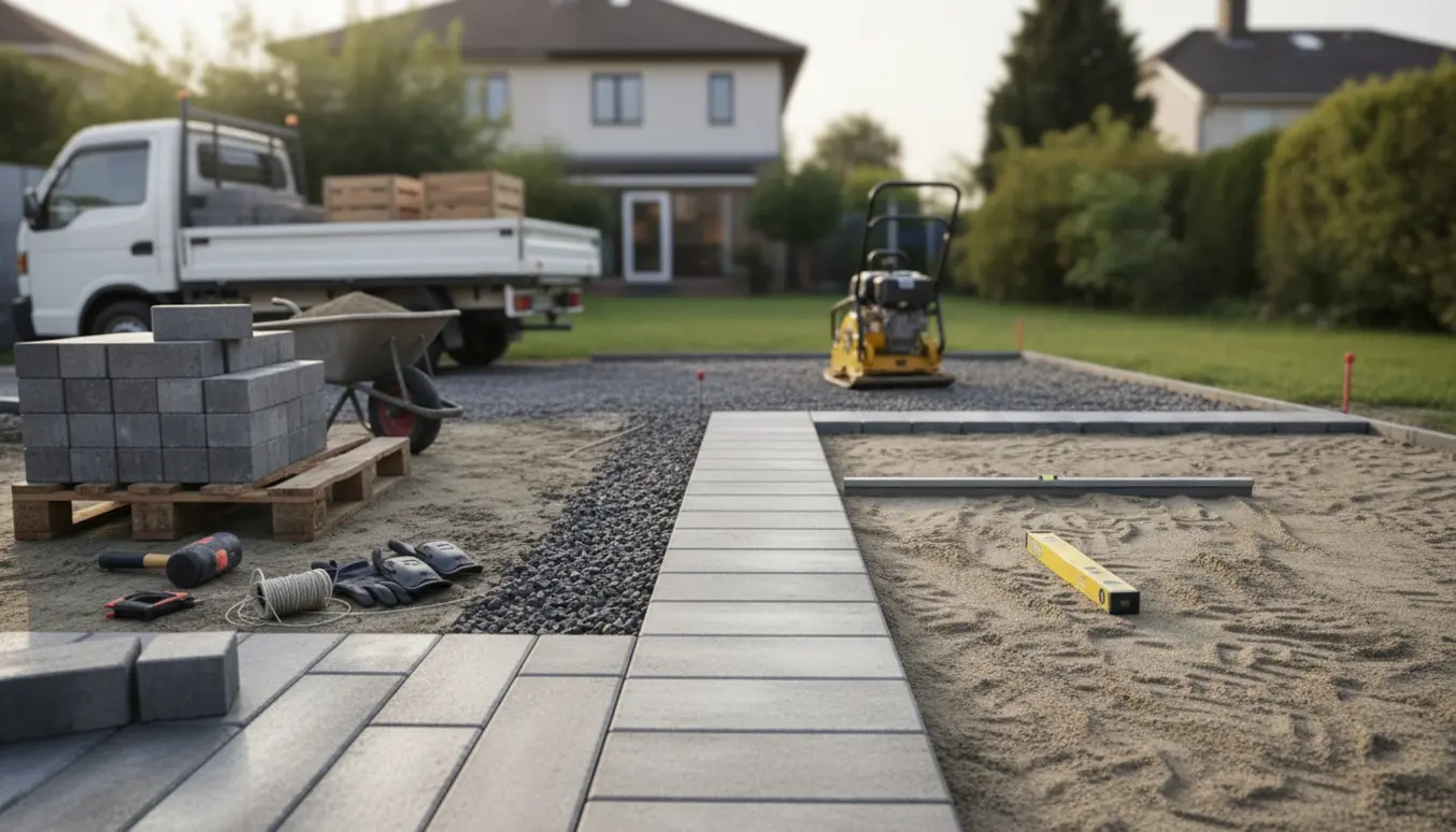 Nærbillede af en have med næsten færdiglagt flisebelægning, bunker af fliser og værktøj klar til brug.