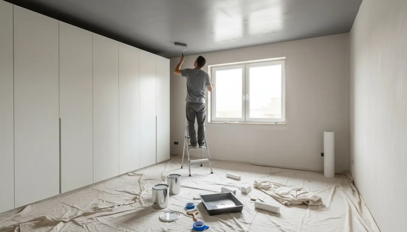 Soveværelse under maling med gråt loft, råhvide vægge og malerudstyr på gulvet.