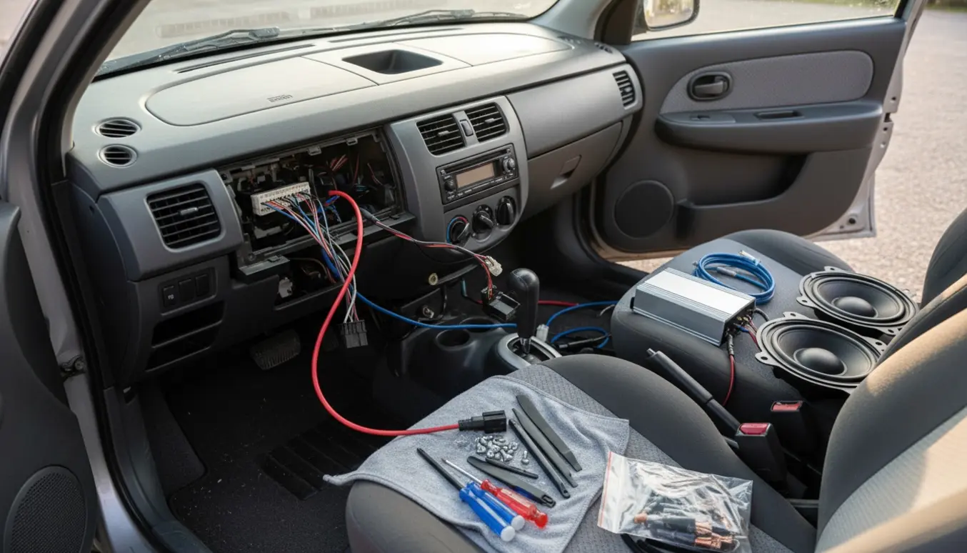Afmontering af bilens lydudstyr i en Nissan Micra 2004 med autoradio trukket ud og komponenter lagt på sædet.