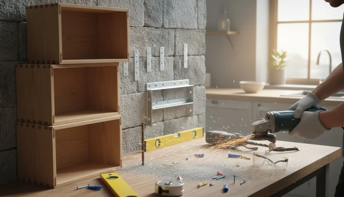 Hænder fjerner en stålpind fra en murvæg med værktøj, mens tre bogkasser og beslag ligger klar i et lyst køkken.
