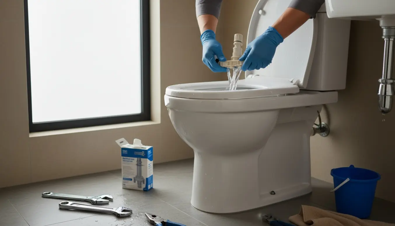 Handskerklædte hænder justerer skyllemekanismen i et åbent toiletcisterne med værktøj og vanddråber.