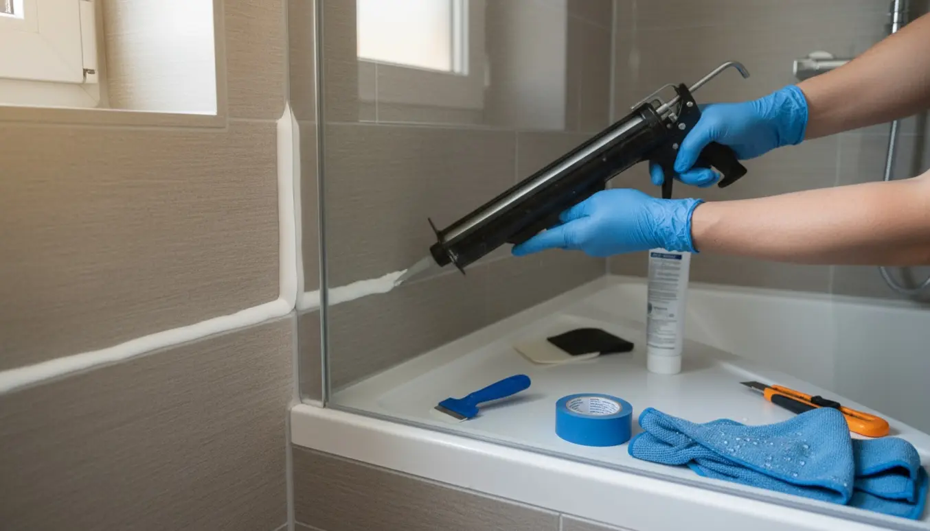 Handskerede hænder påfører blød silikonefuge i en bruseniche med fugepistol og værktøj.