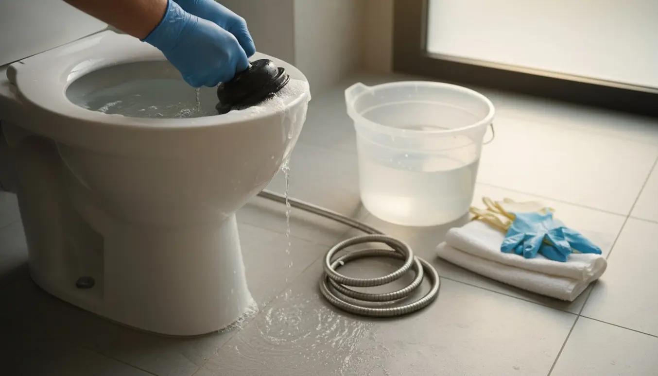 Gummihandsker og en plunger i aktion ved et tilstoppet toilet i et lyst, rent badeværelse.