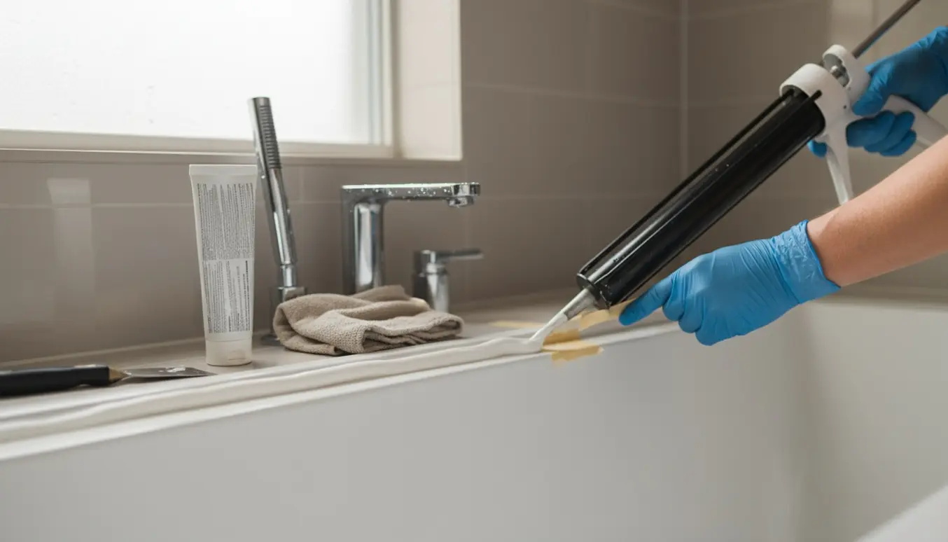 Nærbillede af fugearbejde langs kanten af et badekar, hvor en handske-klædt hånd glatter en siliconefuge.