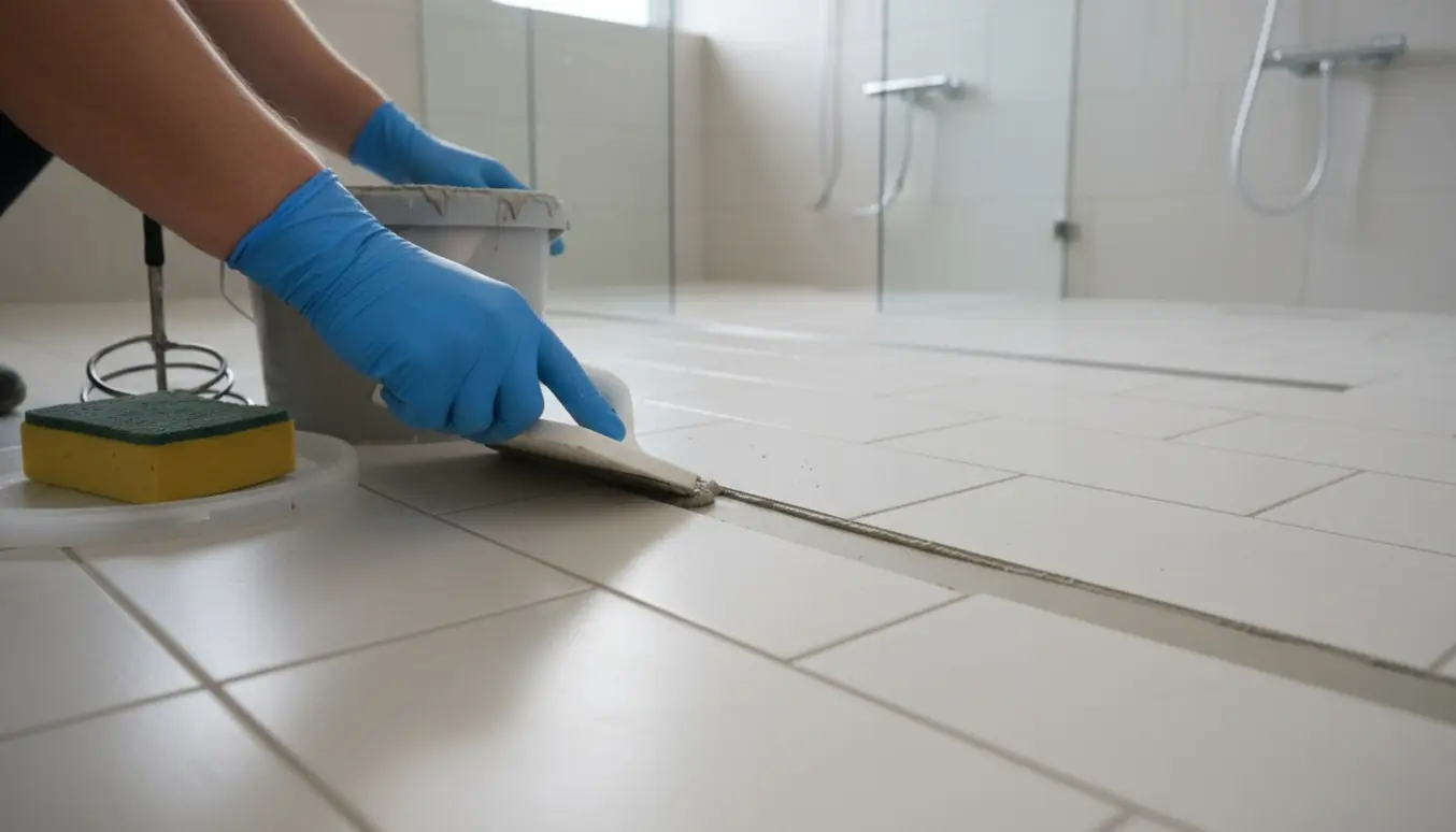 Håndværker påfører nye fuger med glidebræt på flisegulvet i et baderum med flere bruseafsnit.