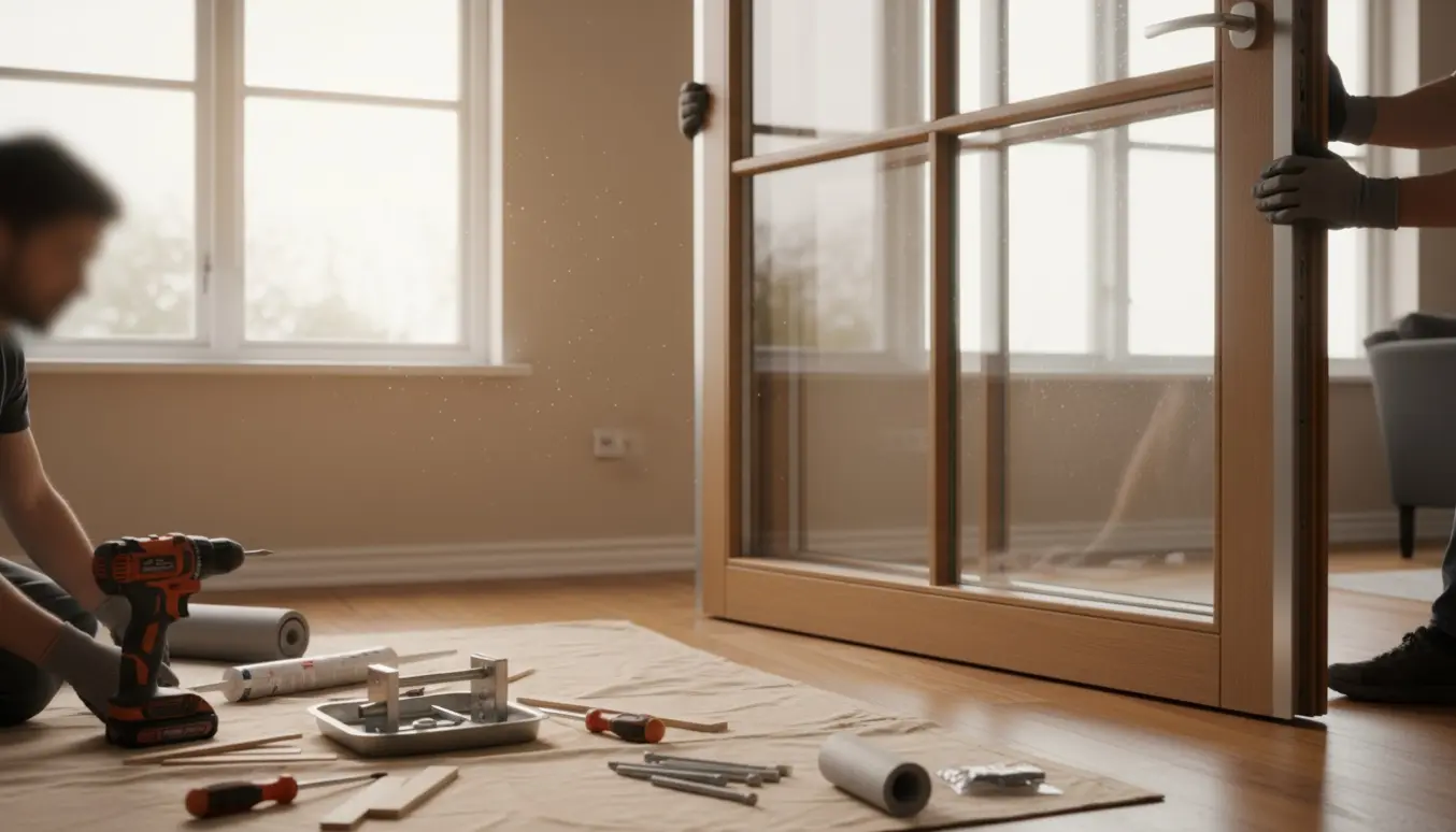 Forberedelse til udskiftning af stuevindue til træ/alu glasdør med 3-lags glas og værktøj klar.