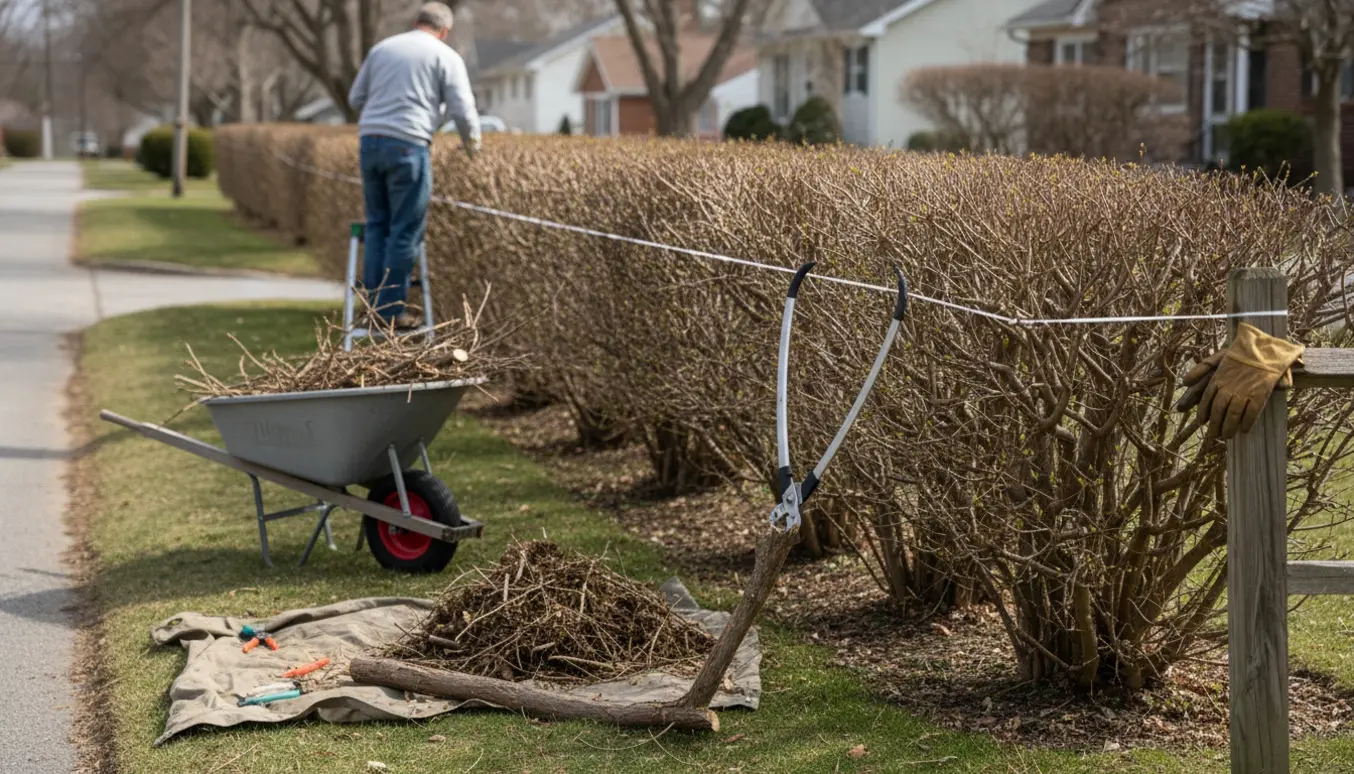 Person beskærer en høj, tæt hæk ved vejskel før forårets grønne blade, mens afklippede grene ligger samlet på en presenning.