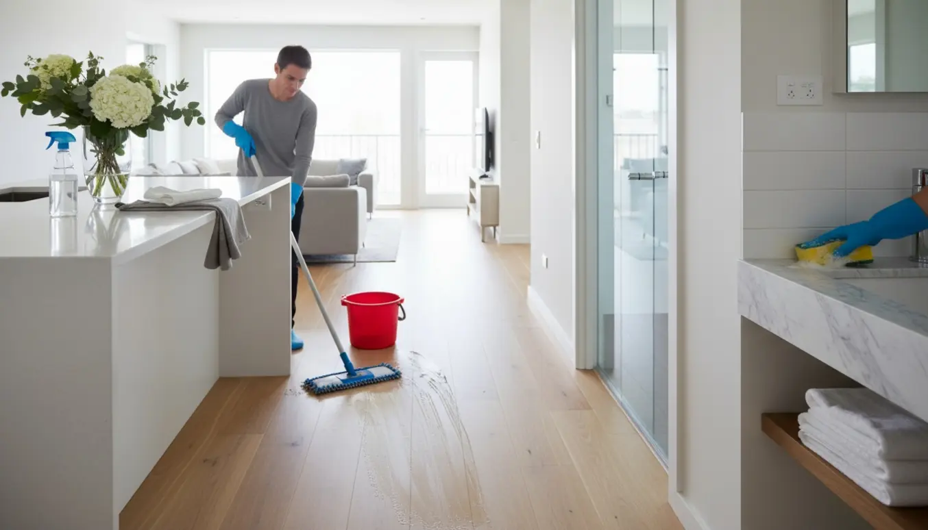 Lyst køkken-alrum og badeværelse under rengøring før gæster med moppe, klude og rengøringsudstyr.