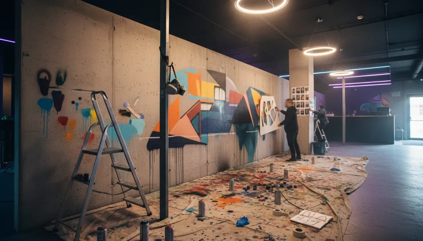Lang natklubvæg på cirka 1,5 x 6 meter under forberedelse til graffiti med spraydåser og stige.