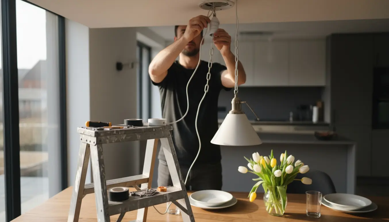 Hænder hænger en pendel lampe op over et spisebord i et moderne køkken.