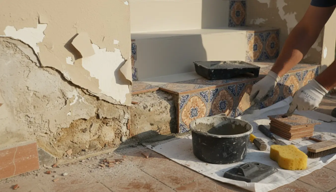 Udendørs trappe med manglende klinker, håndværkerhænder lægger mørtel og ruller maling på en repareret trappe.