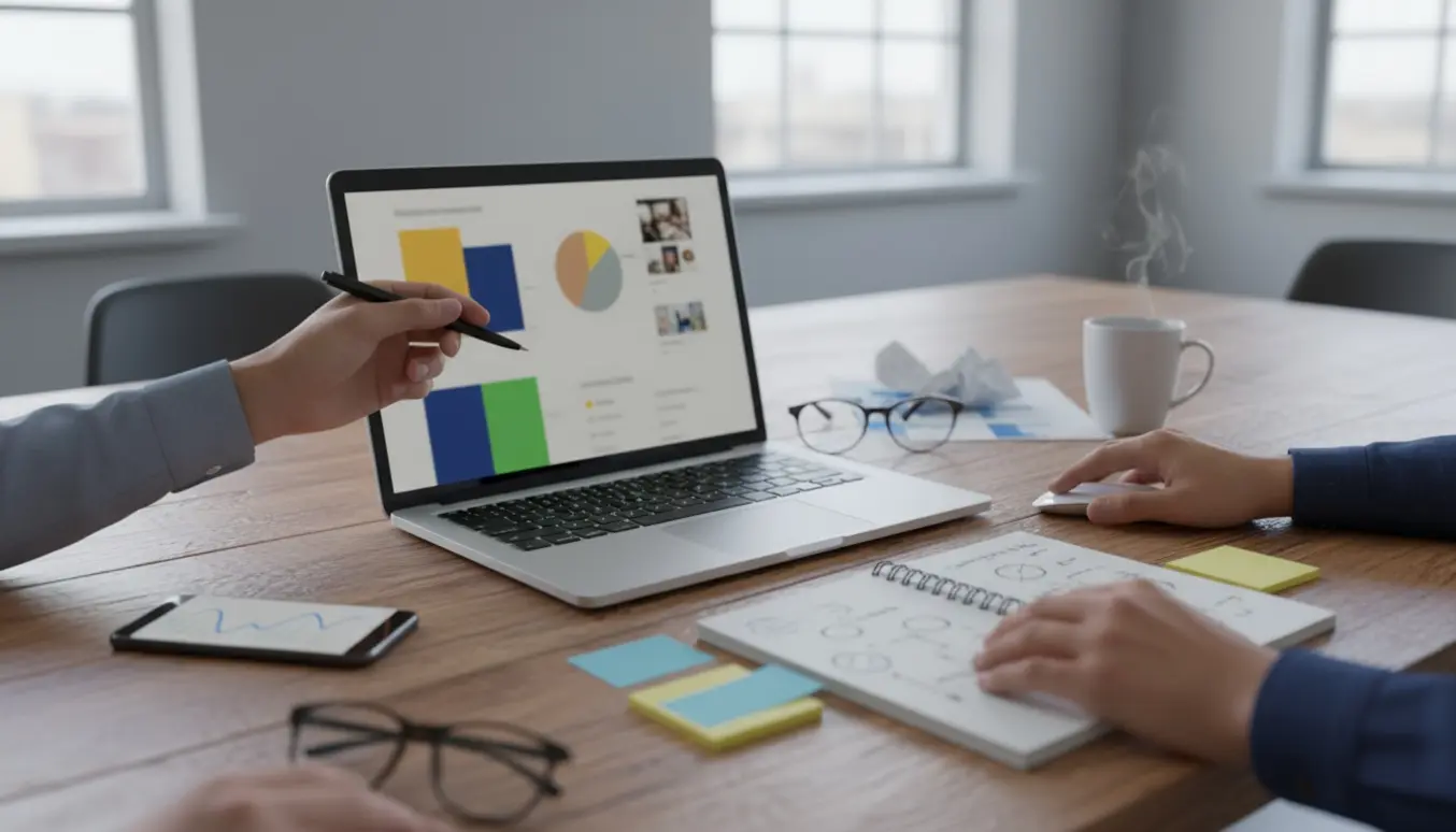 Møde mellem virksomhedsejer og Google Ads-specialist ved en bærbar med annoncer og analyser.