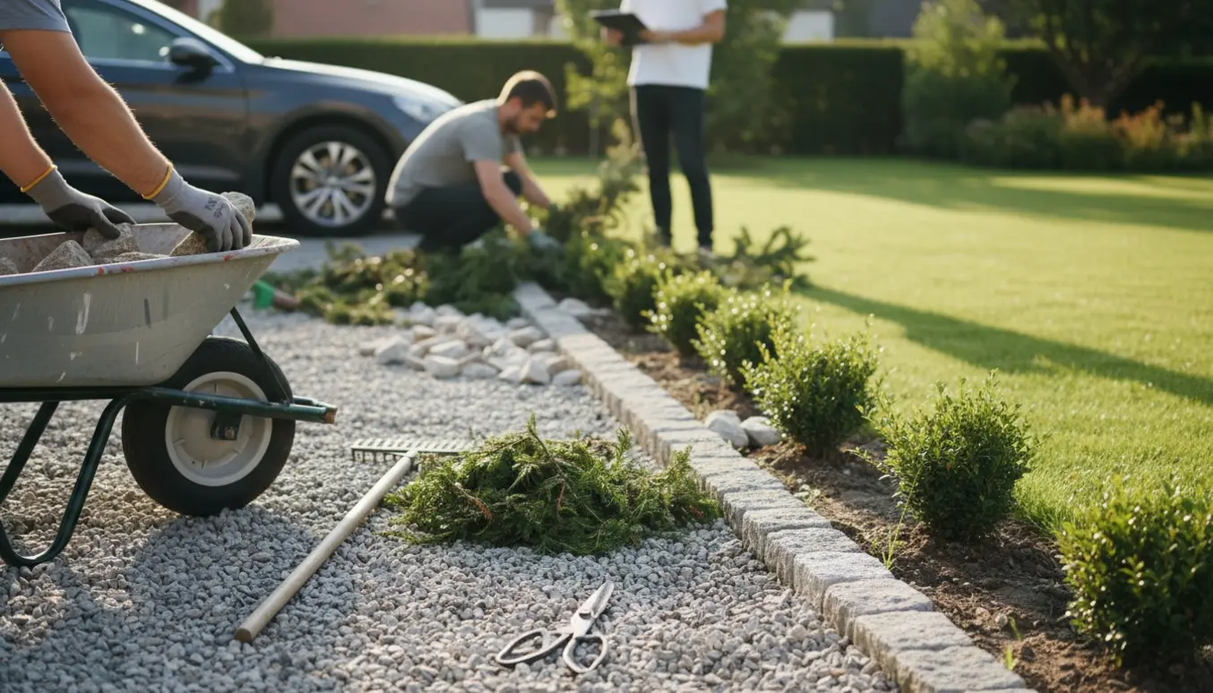 Beskadiget hæk ved parkeringsplads med spredte sten og haveredskaber under oprydning.
