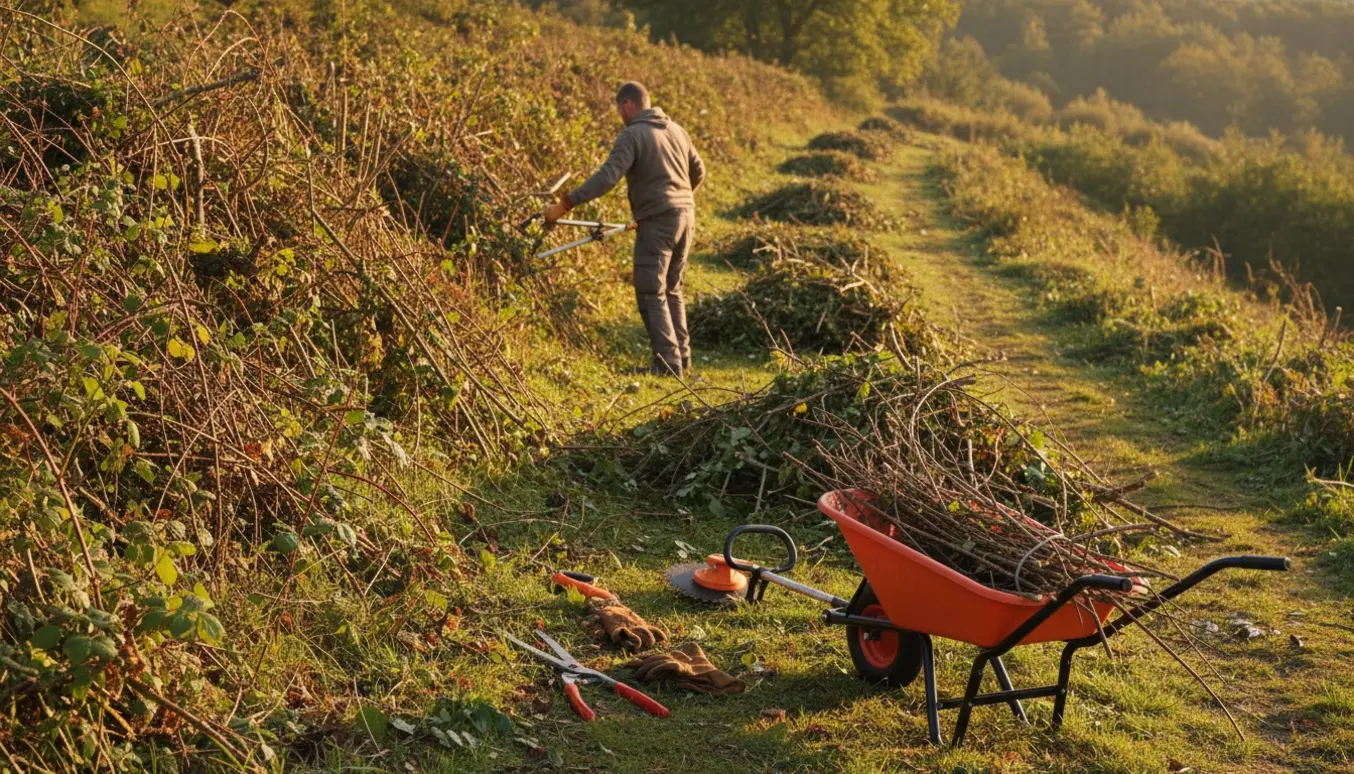 Skrænt ryddet for brombær og buskads med værktøj og afskårne grene i forgrunden.