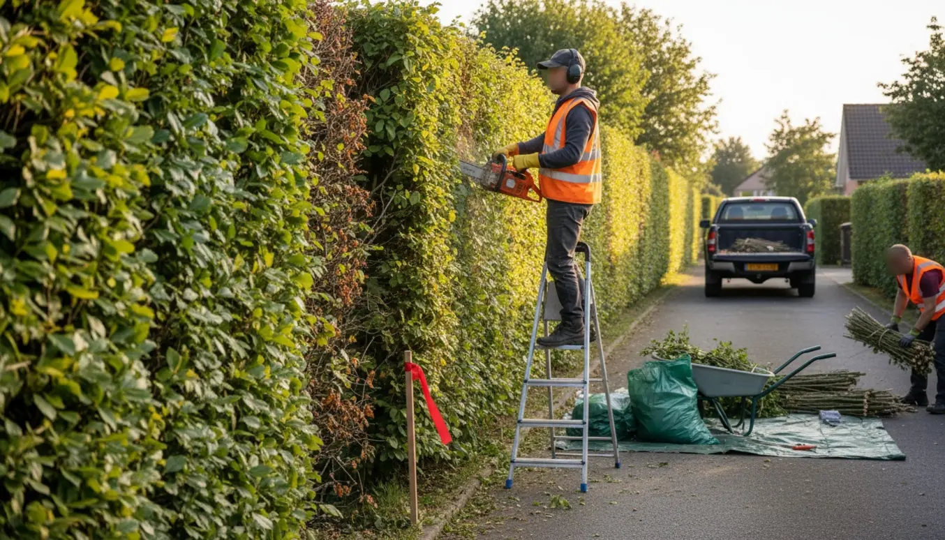 Person set bagfra trimmer en lang bøgehæk ved indkørslen med motorsav, mens afklip samles i bunker.