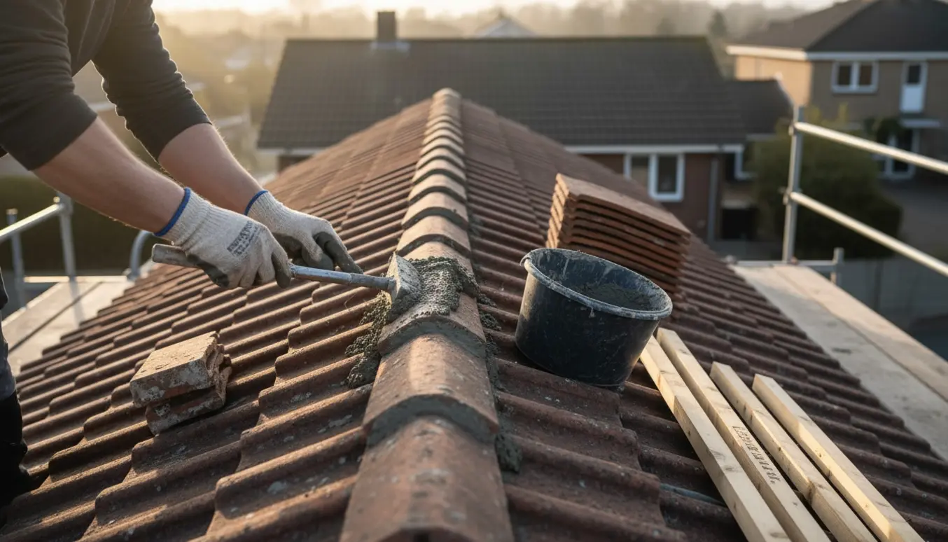 Nærbillede af tagryg på et parcelhus, hvor frisk mørtel bliver påført mellem tagsten og nye lægter er synlige.