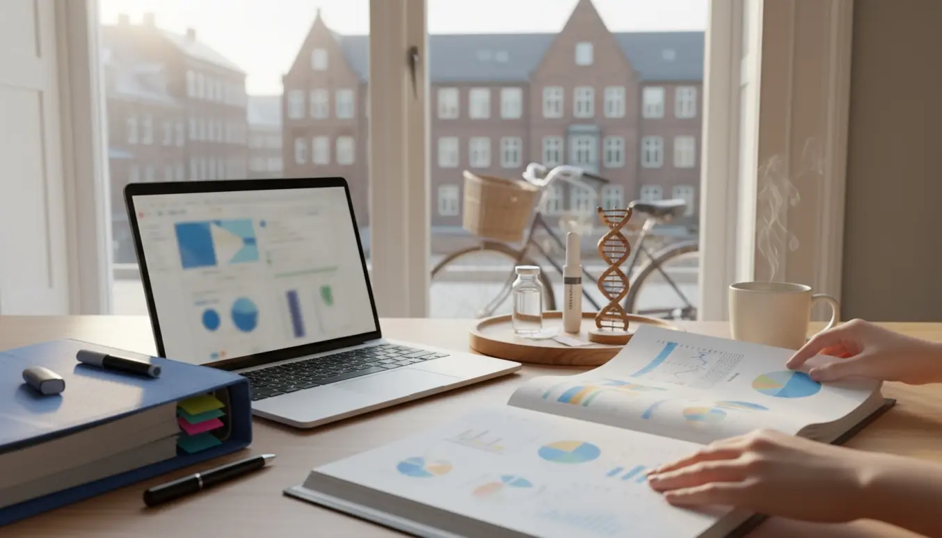 Skrivebord med noter, grafer og ubrandede farmaceutiske redskaber, mens hænder arbejder på en SRP om Novo Nordisk.