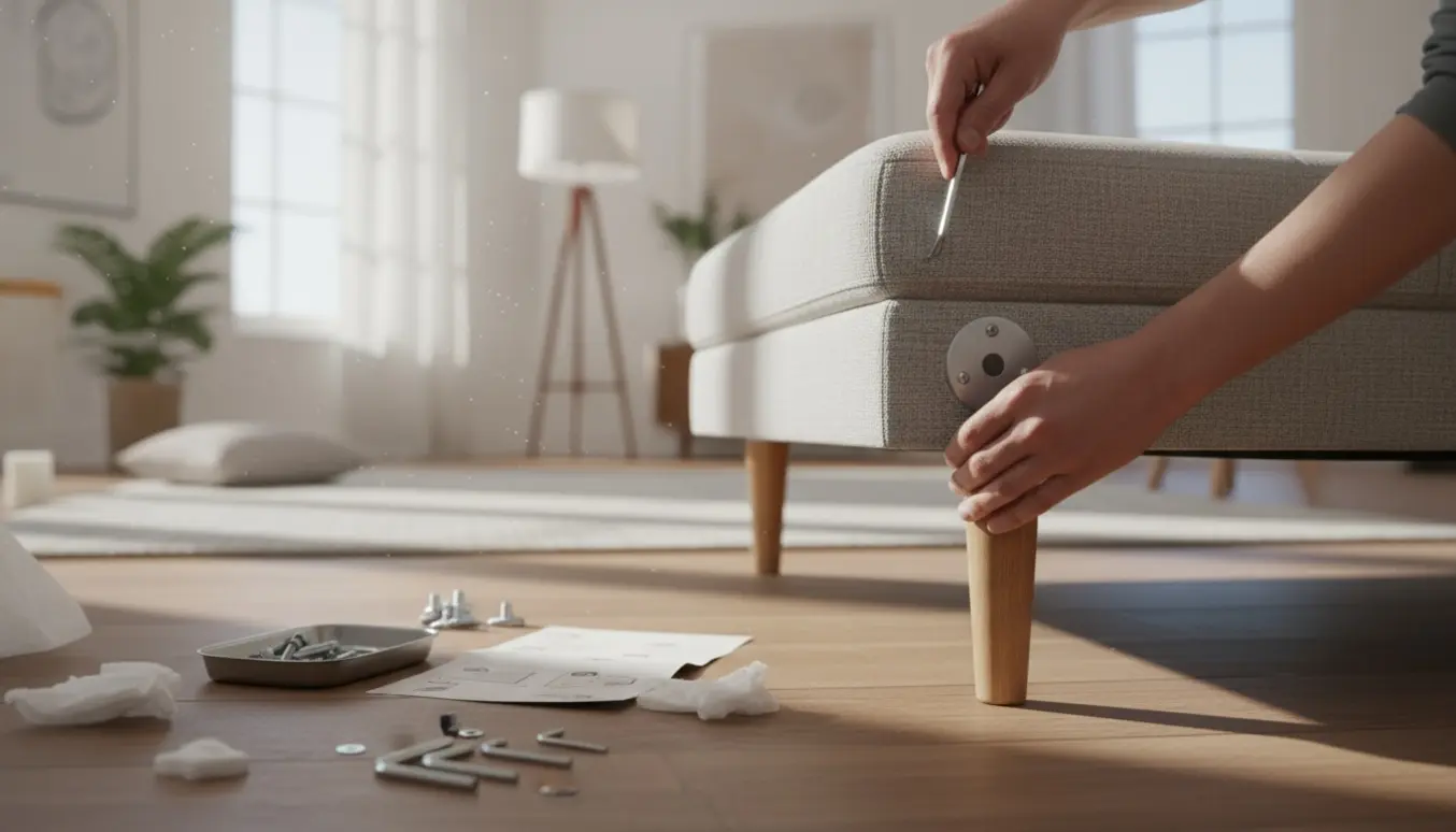 Nærbillede af hænder, der skrur et sofabens beslag fast på en sovesofa i et lyst stueinteriør.