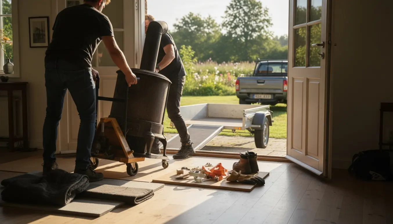 To personer læsser en støbejernsbrændeovn ud af et solbelyst sommerhus og op på en trailer, med gulvet beskyttet af plader og flyttetæpper.