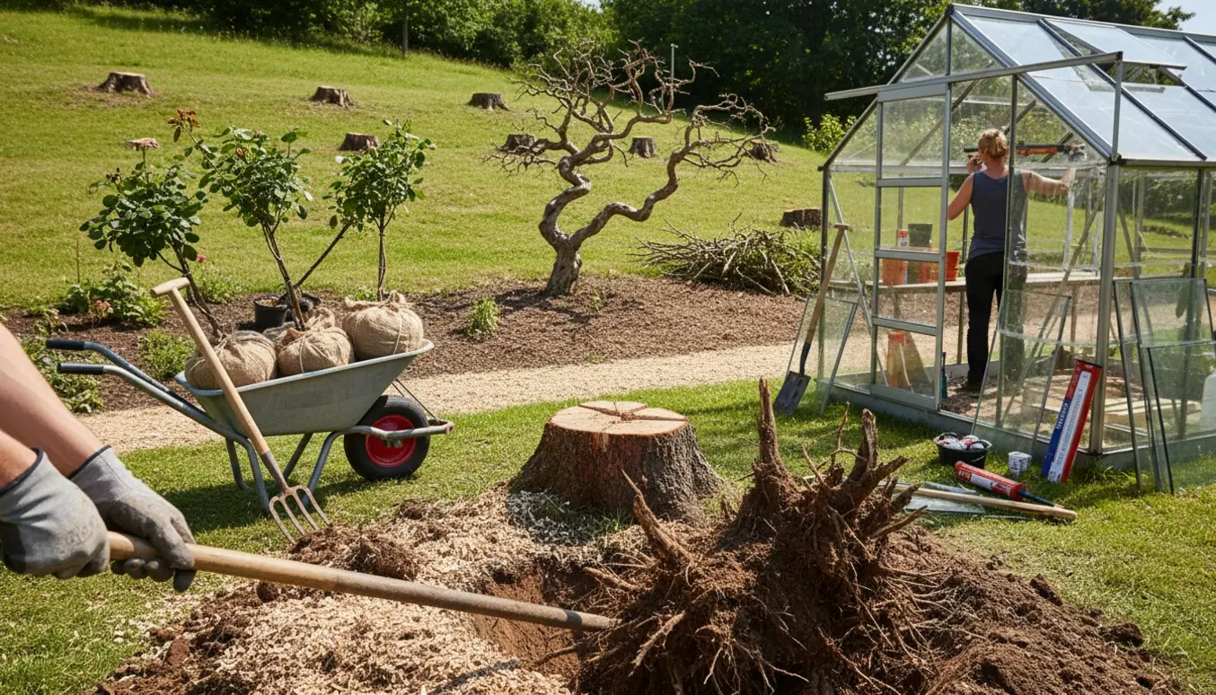 Sommerbillede af havearbejde på en skråning med fældede træer, opgravede rødder, opgravede roser og udskiftning af drivhusglas.