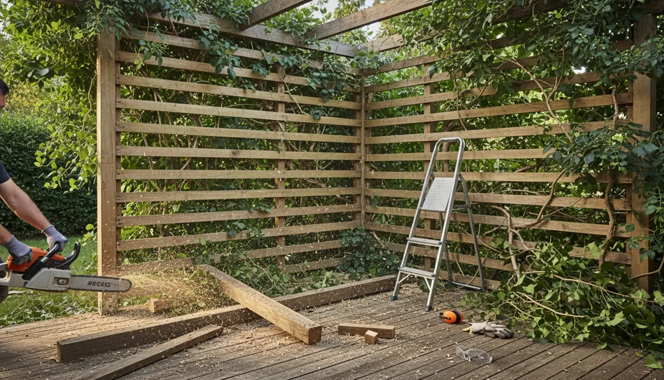 Terrassehjørne med efeu over lægter, hvor en motorsav skærer lægter ned og afskårne træstykker ligger på terrassen.