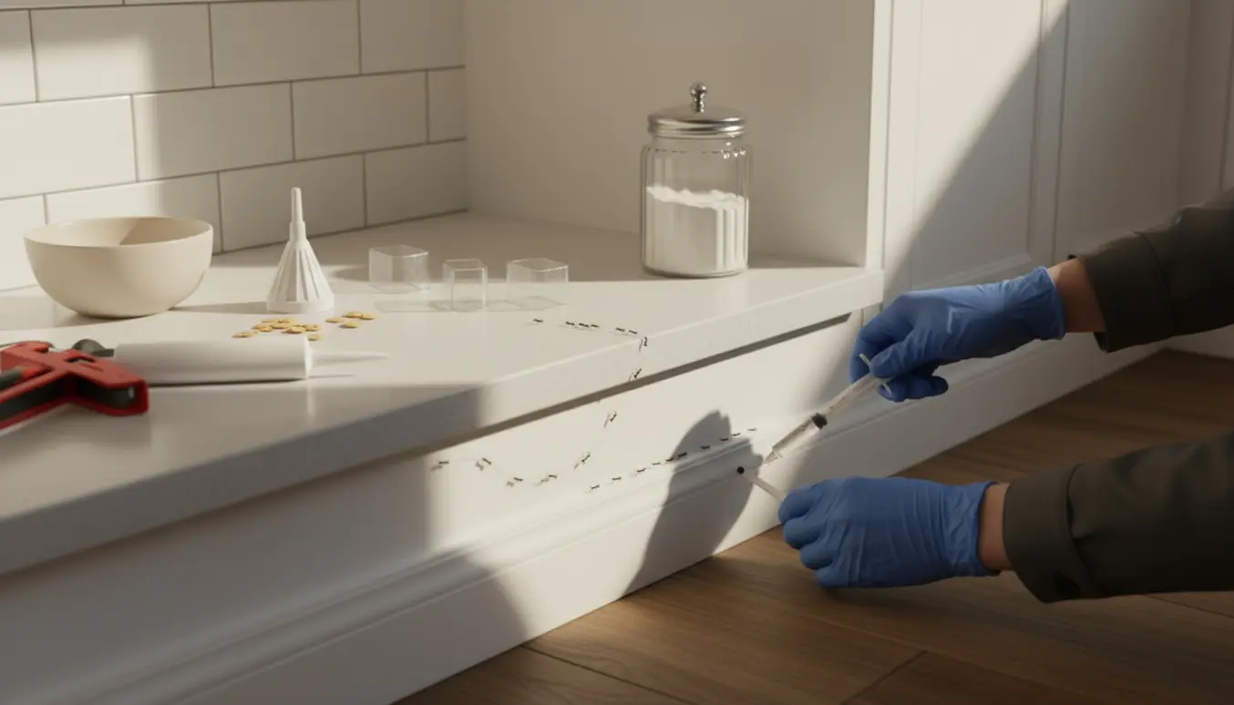 Hænder i handsker lægger myregel langs fodpanel i et lyst køkken med små myrespor og bekæmpelsesmidler på bordet.