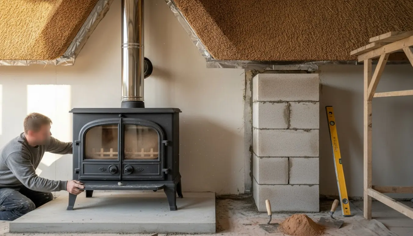 Installatører monterer en stor brændeovn i gavl med stråtag, samtidig med opmuring af en isoleret skorsten.