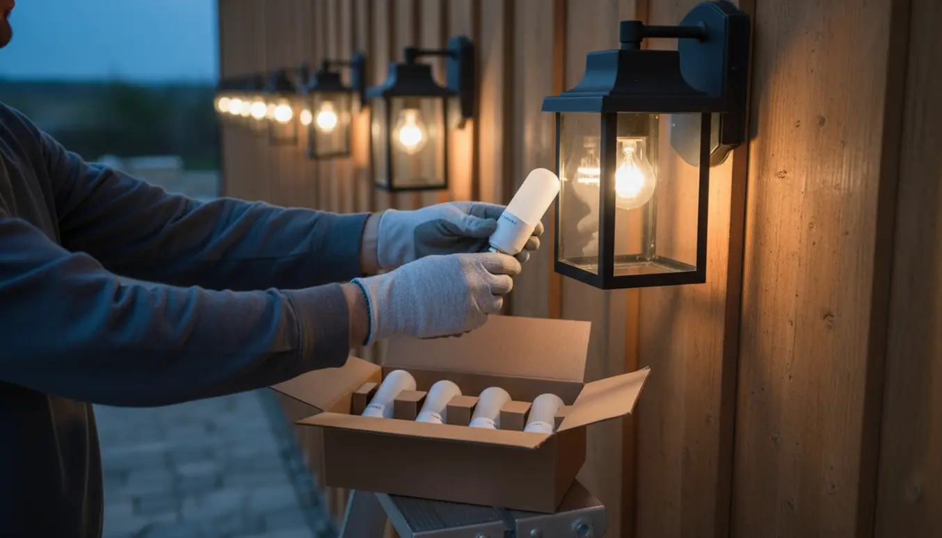 Hænder på en stige udskifter en glødelampe med en LED-pære i en udendørslampe ved en bolig med flere udendørslamper.