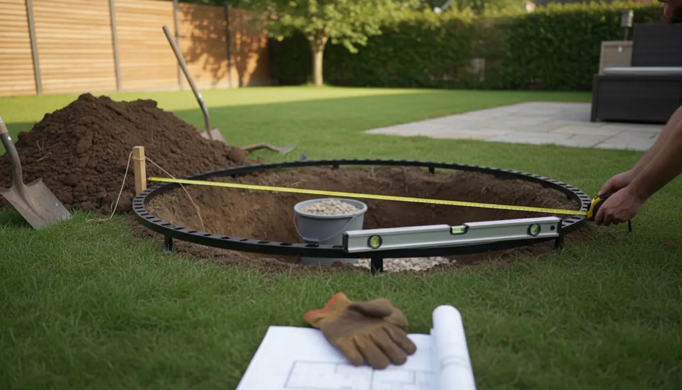 Udgravning til nedgravet trampolin med mål, værktøj og halvsænket ramme i en villahave.