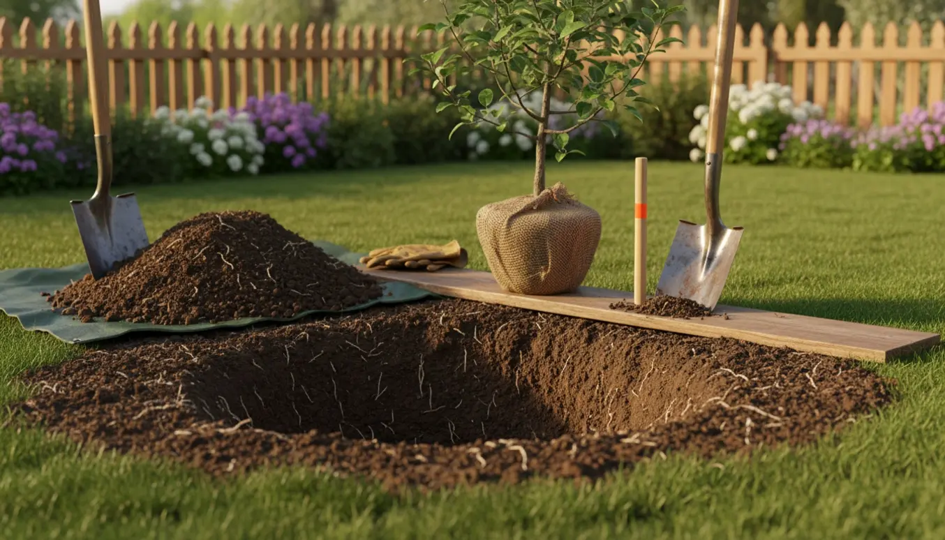 Et nygravet rundt plantehul i haven klar til et æbletræ med spade, skovl og et æbletræs rodklump ved siden af.