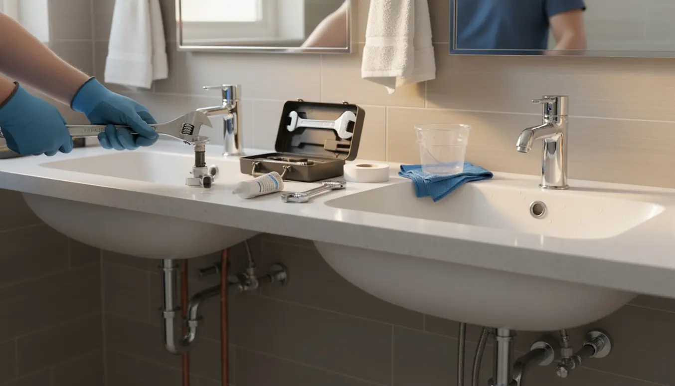 To badeværelsesvaske hvor en gammel hane er ved at blive udskiftet, og en ny skinnende hane er installeret.