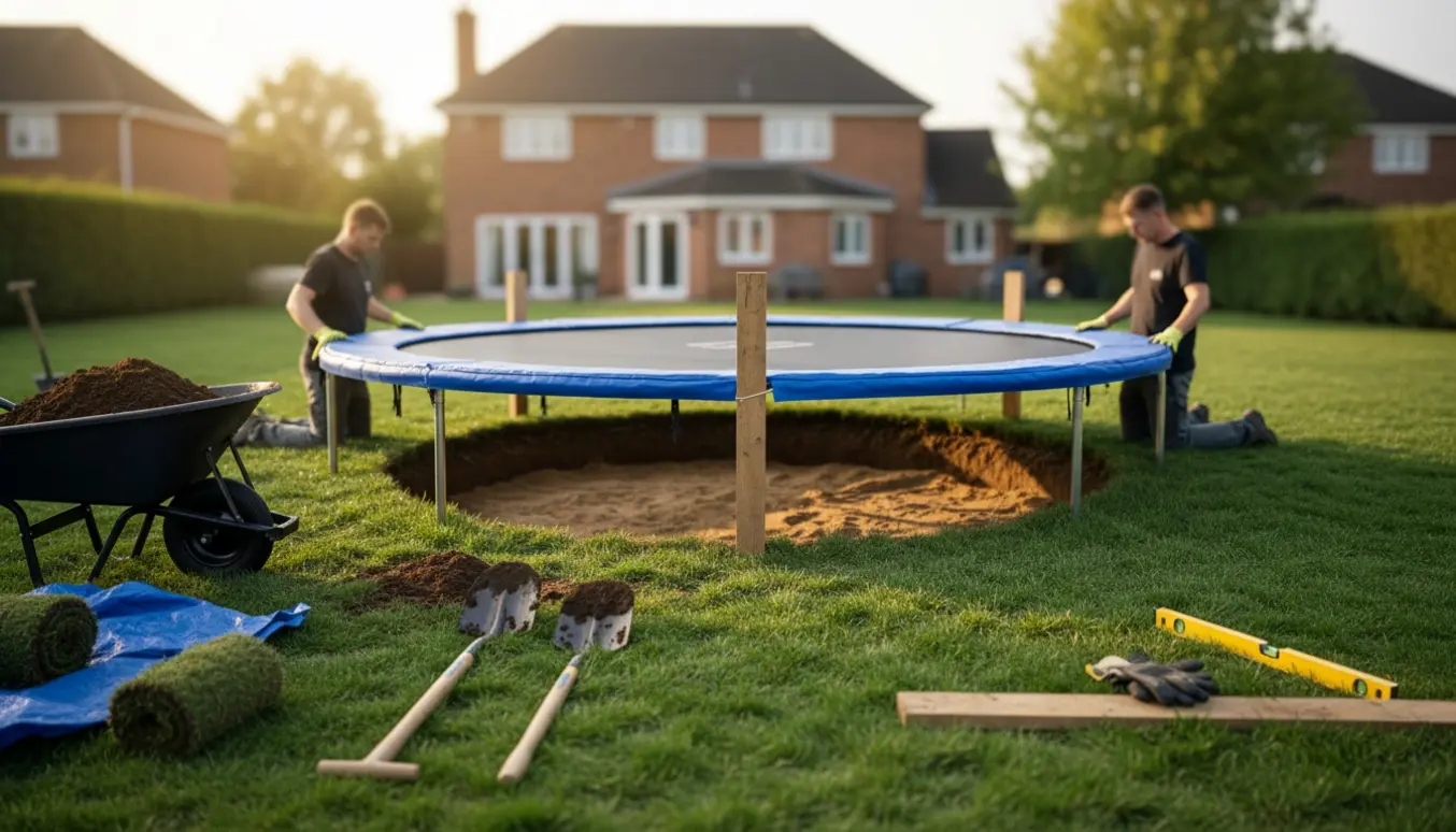 Delvist nedgravet rund trampolin i en baghave omgivet af graveværktøj og opgravet jord.