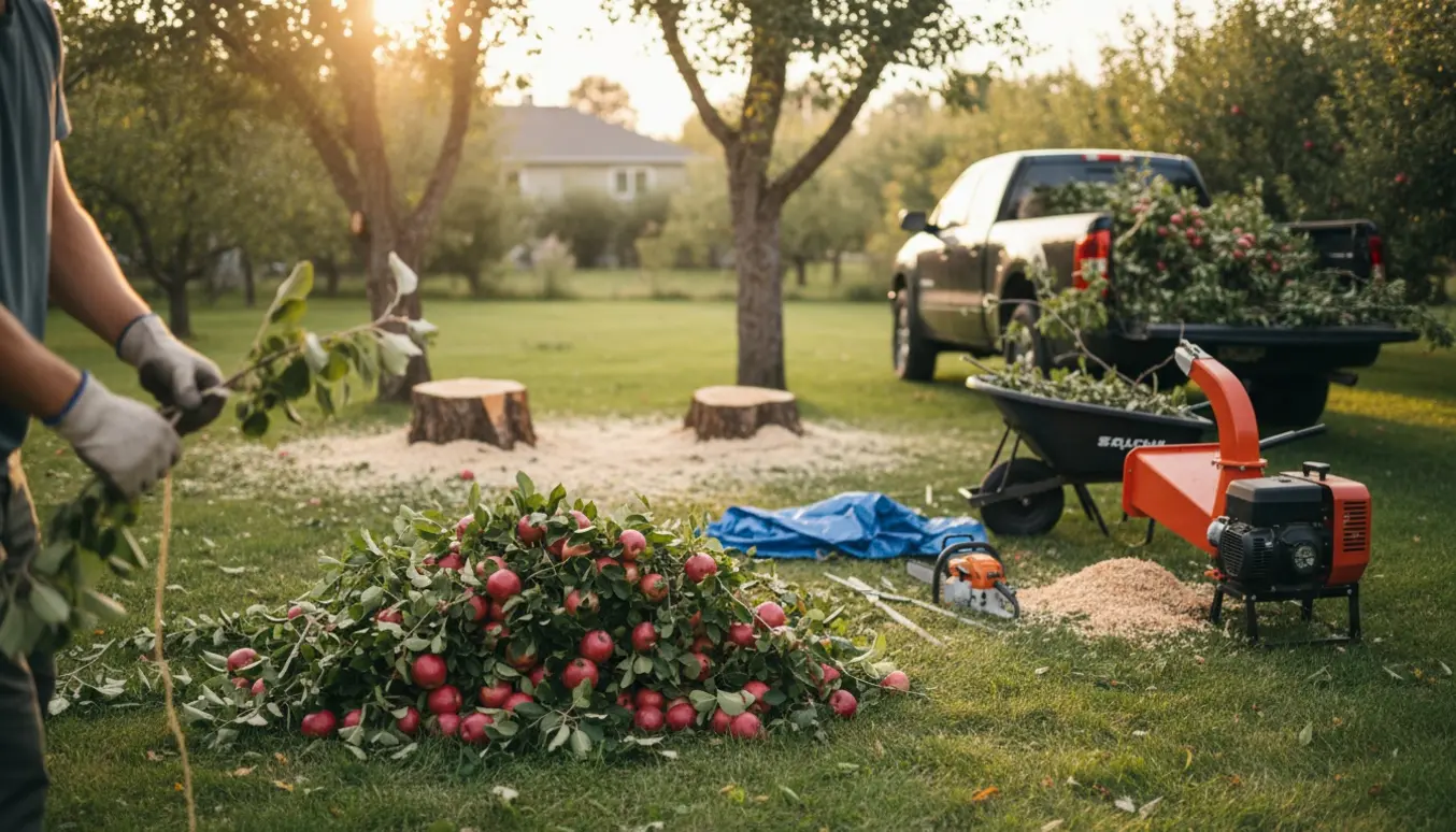 To æbletræer er fældet, og grene læsses på en trailer i en soloplyst have.