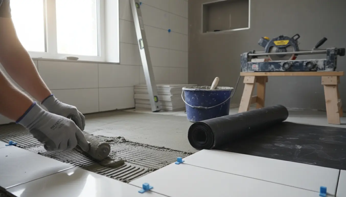 Nærbillede af et badeværelse under renovering med vådrumsmembran, udliggende afretning og fliser der lægges af en håndværker.