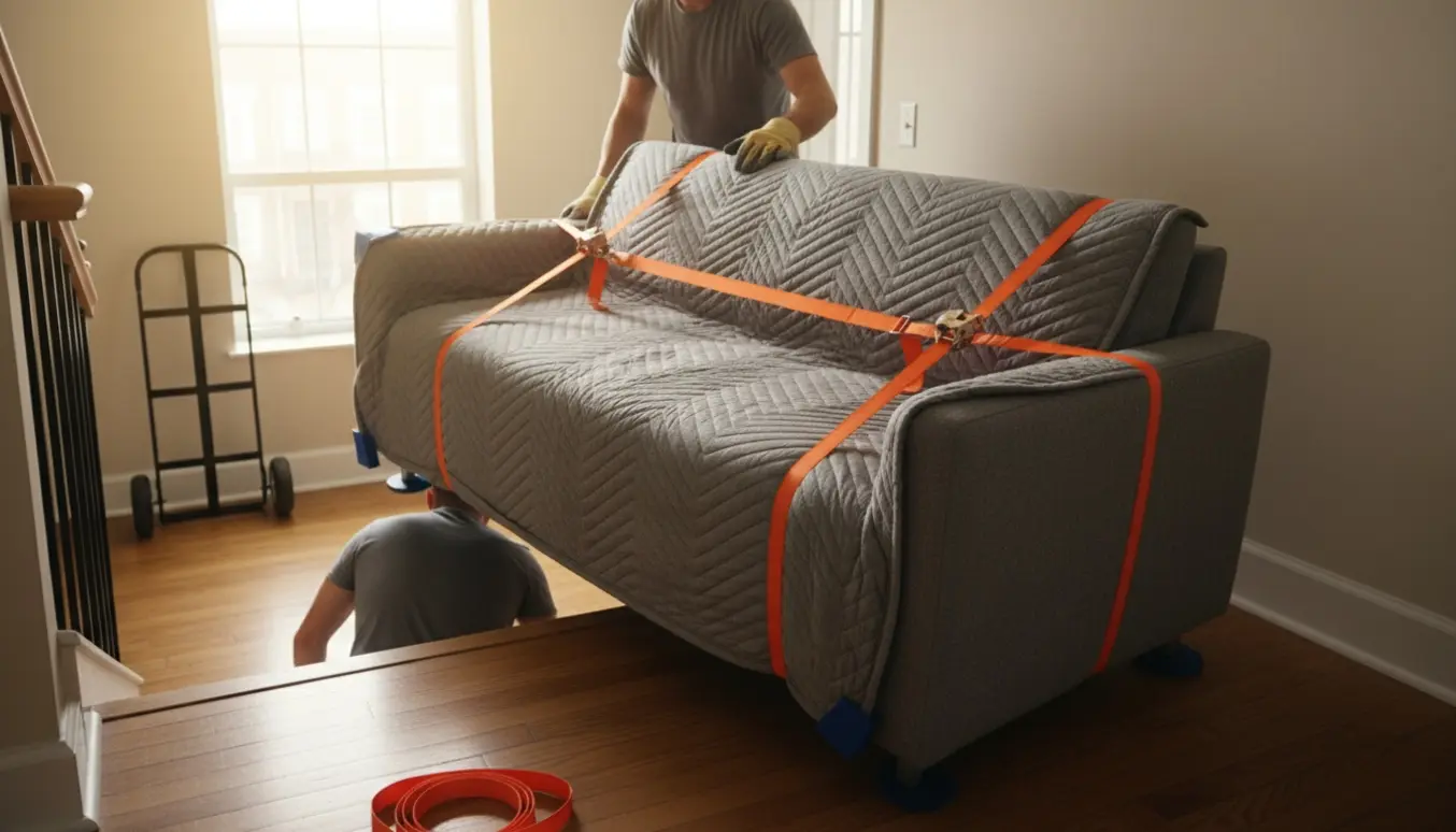 To personer bærer en indpakket sofa ned ad en opgang med flyttetæpper og stropper.