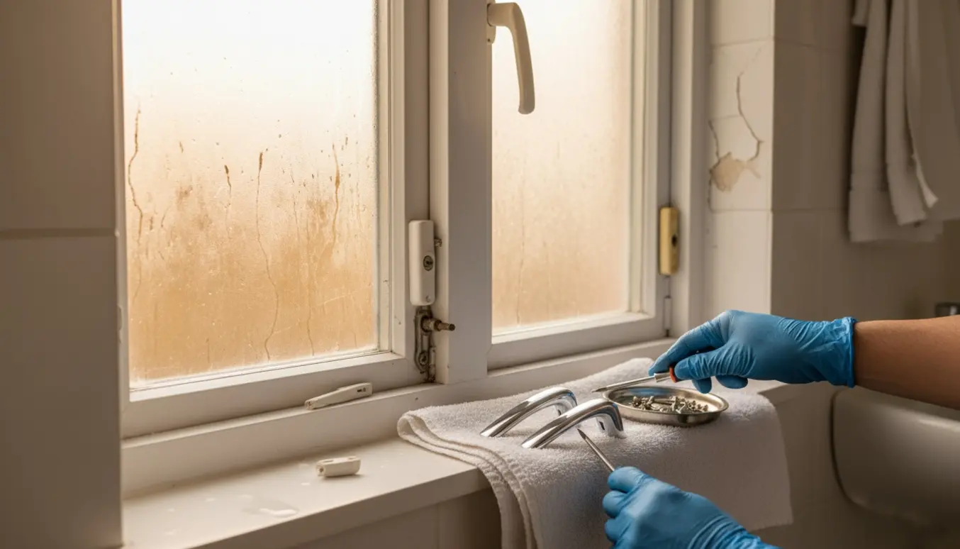 Nærbillede af udskiftning af to håndtag på badeværelsesvinduer med et knækket håndtag og nye matchende håndtag klar til montering.